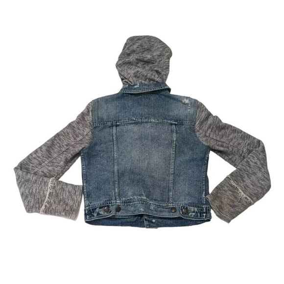 Free People Distressed Denim Jean Jacket Knit Sleeves Removable Hood Small - Picture 8 of 10